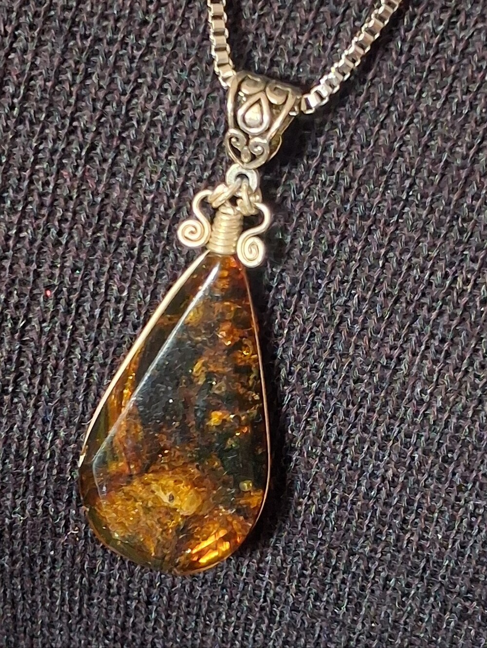 Silvertone Brown Amber Look Teardrop Stone Pendant Necklace